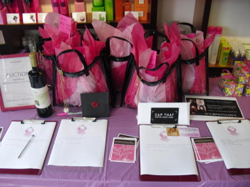 Gift bags with donated items benefitting breast cancer. Photo: Brooke Schlyer